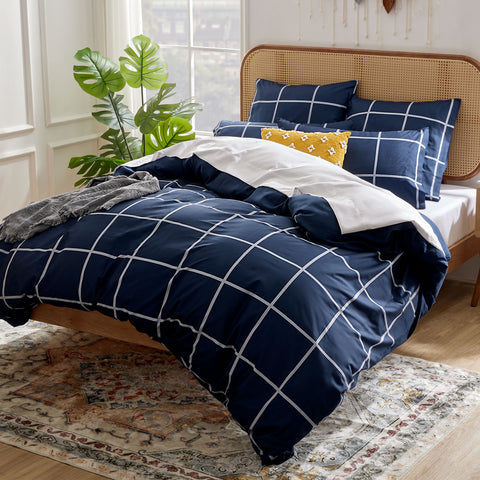 Sonive Housse de Couette, Carreau x Bleu Marine, Couette 4 Saison 100% Couette en Microfibre